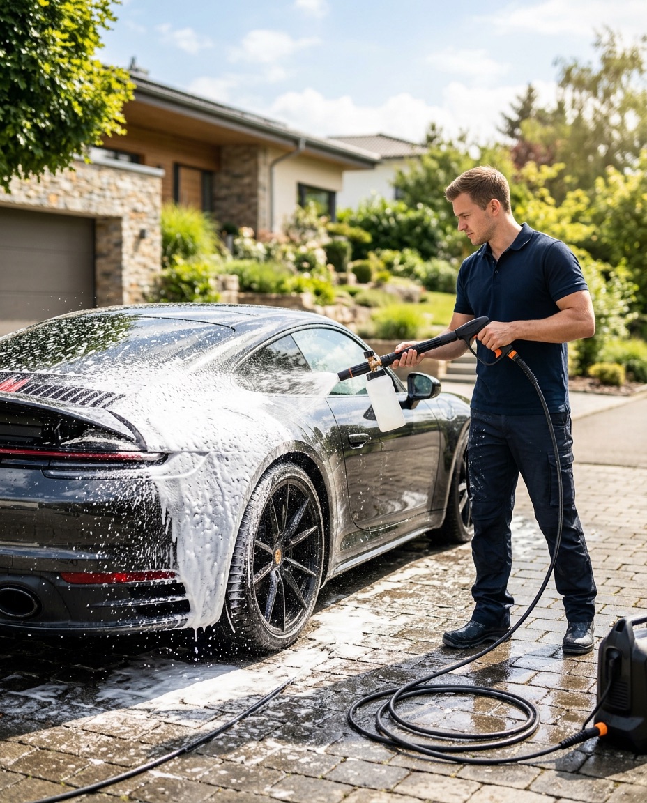 Exterior foam wash on a car in the driveway