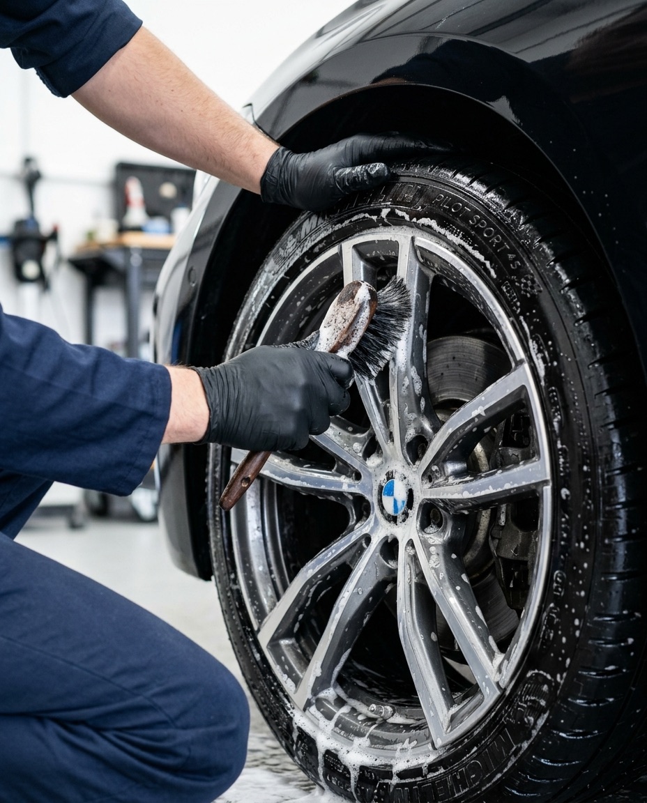Close-up of a freshly detailed wheel and tire